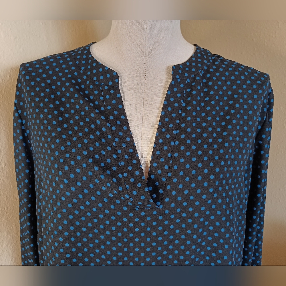 Anne Klein Black with Blue Polka Dots Long Sleeve Blouse XL XXL - Picture 2 of 11